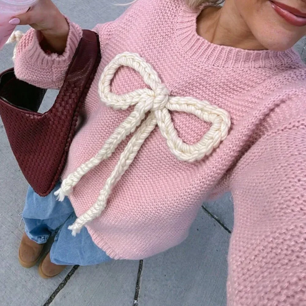 Pink Casual Women's Round Neck Chest Tie Bow Design Long-Sleeved Knit Pullover - Picture 2 of 3
